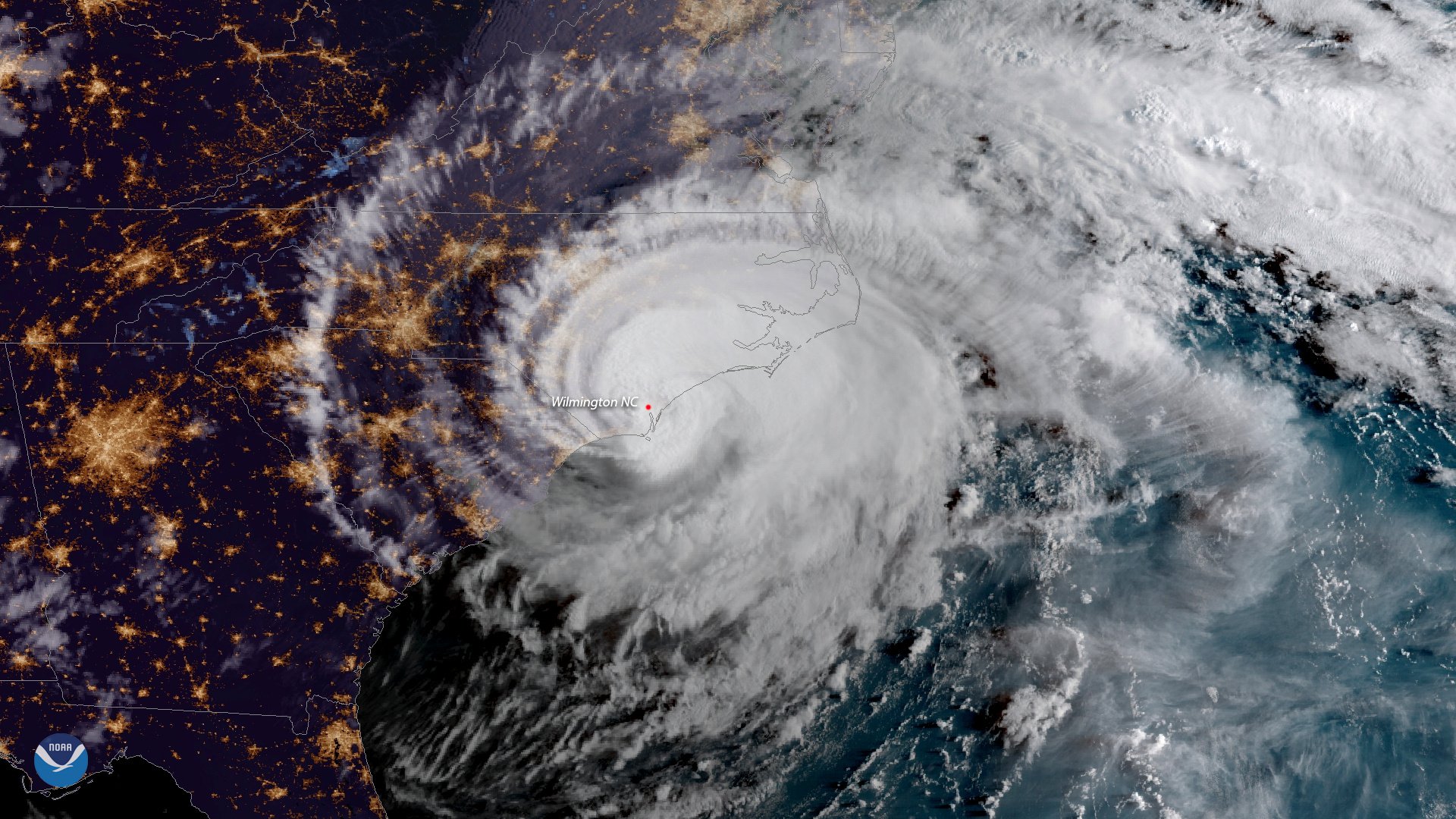 Hurricane Florence is shown from a National Oceanic and Atmospheric Administration (NOAA) #GOESEast satellite shortly after the storm made landfall near Wrightsville Beach, North Carolina, U.S., September 14, 2018. NOAA/Handout via REUTERS.