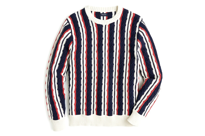 Cable crewneck sweater in vertical stripe