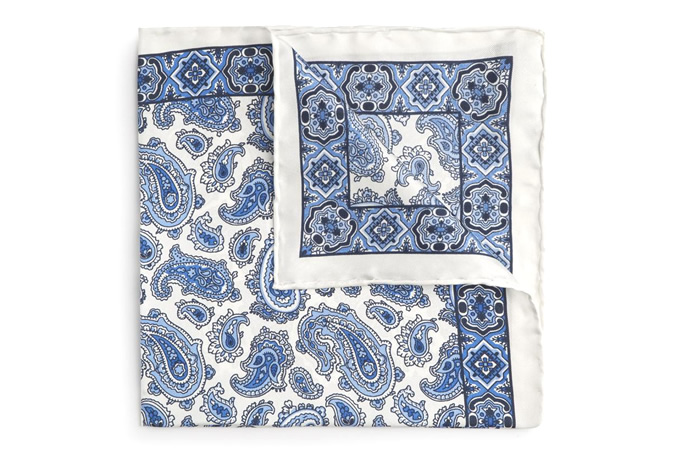 LARGE WHITE AND BLUE PAISLEY SILK POCKET SQUARE