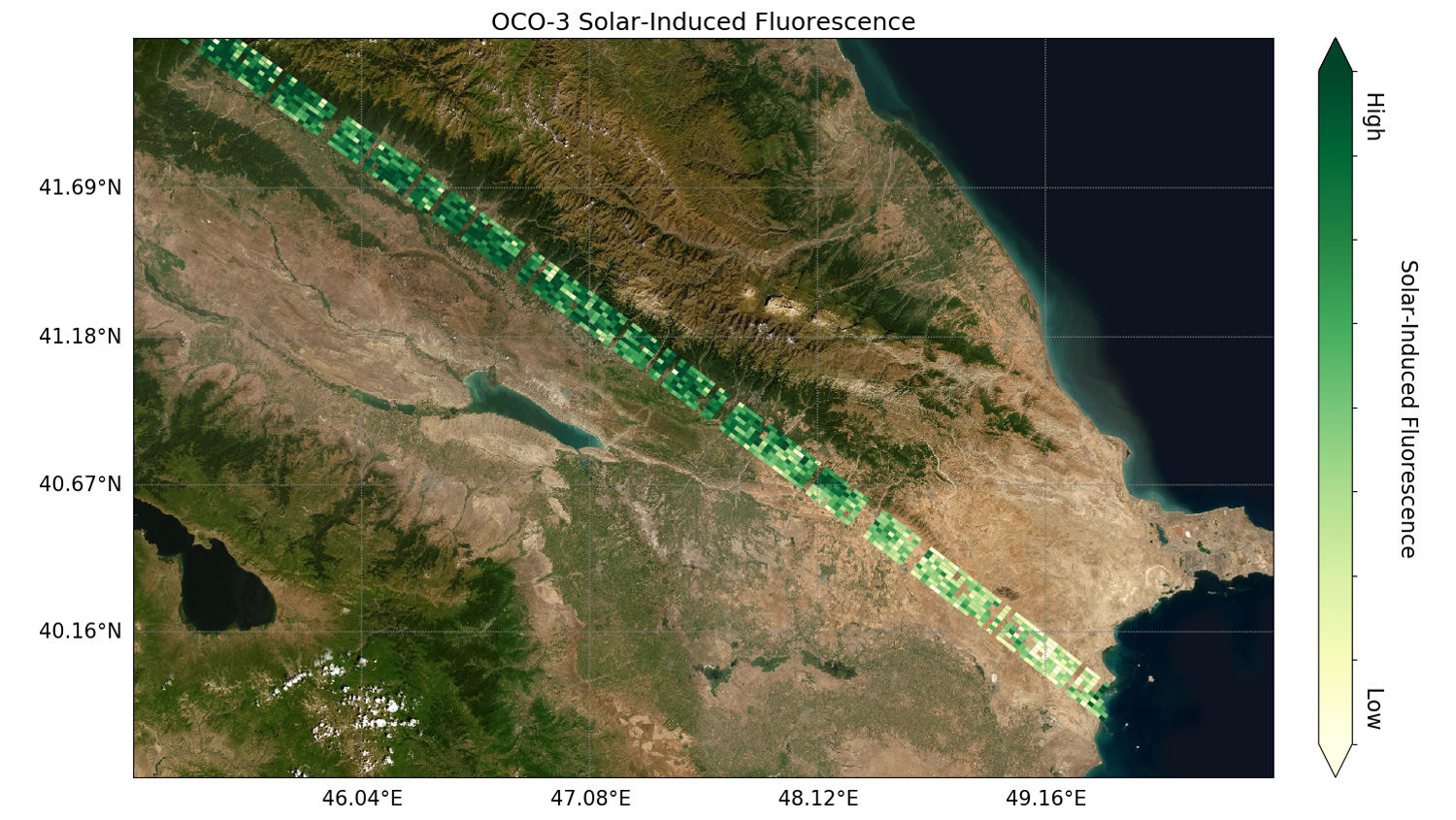 Preliminary solar-induced fluorescence (SIF) measurements from OCO-3 over western Asia.