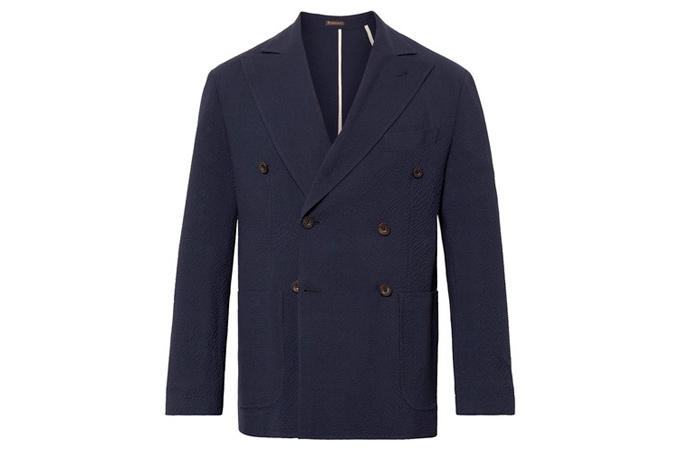 RUBINACCI Navy Unstructured Double-Breasted Wool-Seersucker Blazer
