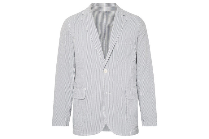 BEAMS PLUS Blue Slim-Fit Unstructured Striped Seersucker Blazer