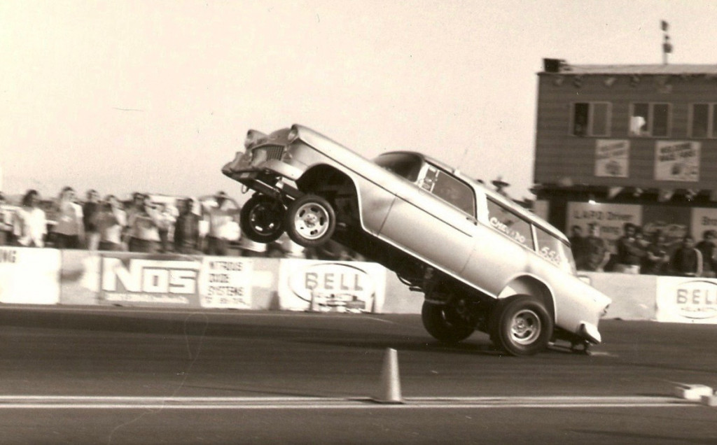 A Chevy Nomad does a wheel stand at Terminal Island drag strip | Brotherhood Raceway Park photo A Chevy Nomad does a wheel stand at Terminal Island drag strip | Brotherhood Raceway Park photo
