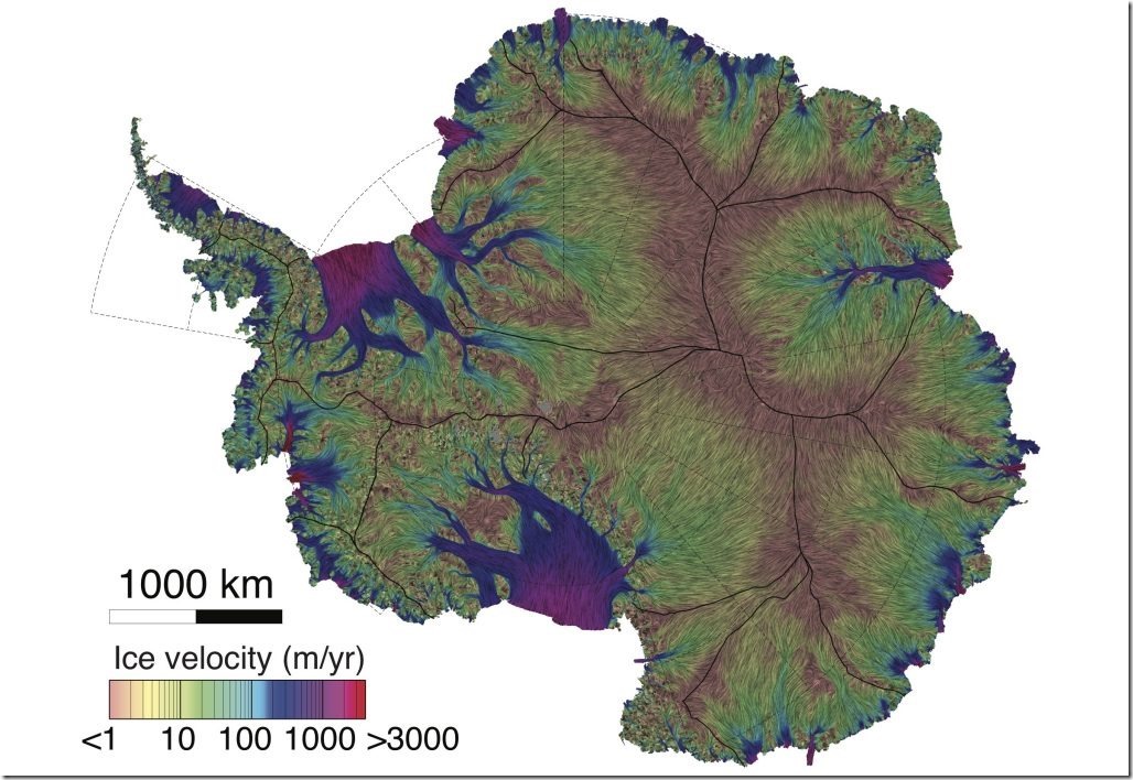 AntarcticaMap-1024x704 A new map of Antarctic ice velocity constructed from nearly a quarter century’s worth of satellite data. Credit: AGU