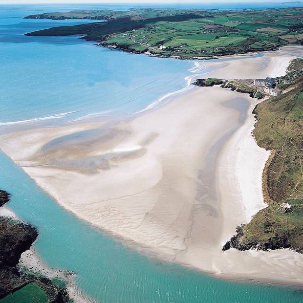 Inchydoney, Co. Cork: Voted best in Ireland in TripAdvisor's Travellers' Choice Awards. Aerial Beach - Inchydoney Island Lodge & Spa.jpg