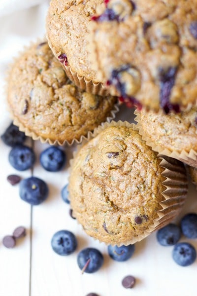 Muffins with fresh blueberries and chocolate chips.