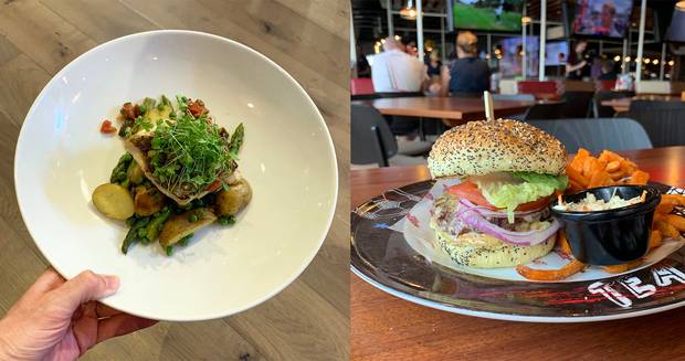 Two dishes from Center Parcs: hake at Cara's, and a burger at the Sports Bar. Photos: Pól Ó Conghaile Two dishes from Center Parcs: hake at Cara's, and a burger at the Sports Bar. Photos: Pól Ó Conghaile