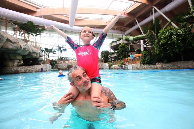 Baz Ashmawy and his daughter Mahy, 6, make a splash at the official launch of Center Parcs Longford Forest. Photo: Leon Farrell/Photocall Irelnd Baz Ashmawy and his daughter Mahy, 6, make a splash at the official launch of Center Parcs Longford Forest. Photo: Leon Farrell/Photocall Irelnd