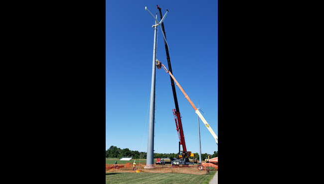 An Aug. 1, 2019 photo shows crews working to remove wind turbines from Helder Park in Zeeland. 
