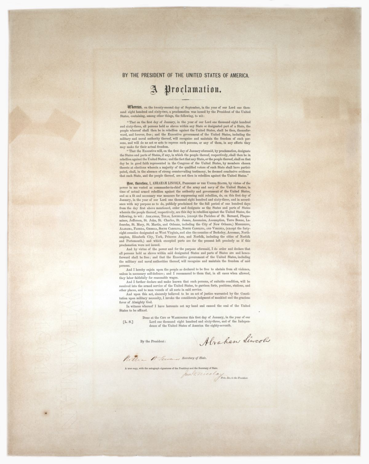 Commemorative copy of the Emancipation Proclamation signed by Lincoln, 1864. (Photo: On loan from The Galbraith Family 2012 Trust)