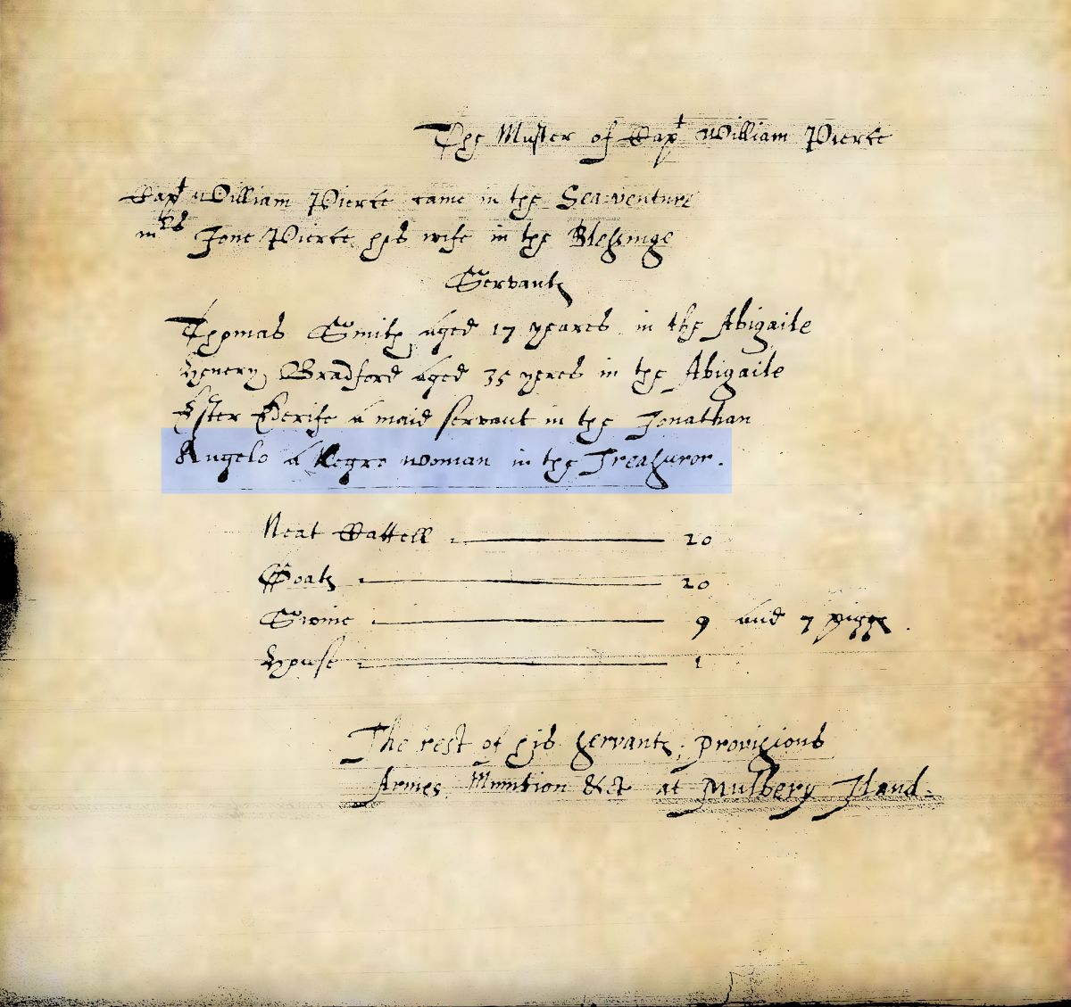 Muster with name of early African woman picked out (Historical Document – image manipulated by Jamestown Rediscovery Foundation)