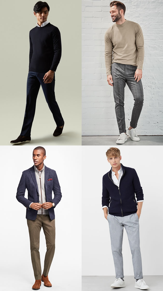 Men's Crew Neck And Shirt Business-Casual Outfit Inspiration Lookbook