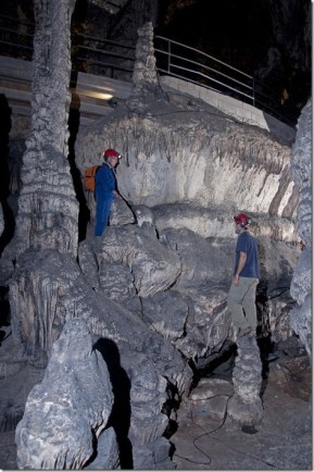 Researchers study the levels of phreatic overgrowth on speleothems in Teatro Room, Artá Cave Credit A. Merino