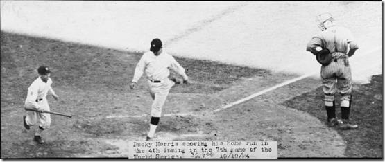 Washington's Bucky Harris scores on his home run in the fourth inning of Game 7 of the 1924 World Series. At right is New York Giants catcher Hank Gowdy. Courtesy National Photo Company (staff photo) - From the National Photo Company Collection (Library of Congress).