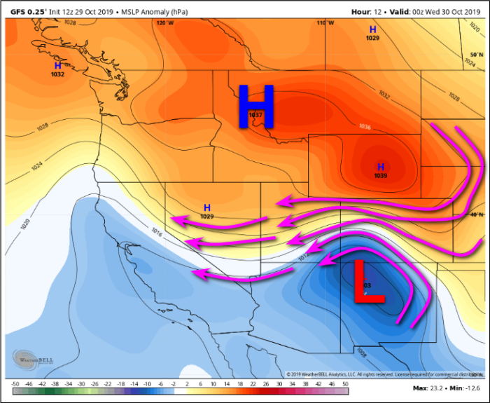 Figure 3. 12z run of the GFS; MSLP Anomaly (hPa) for 00z October 30, 2019. – WeatherBELL.