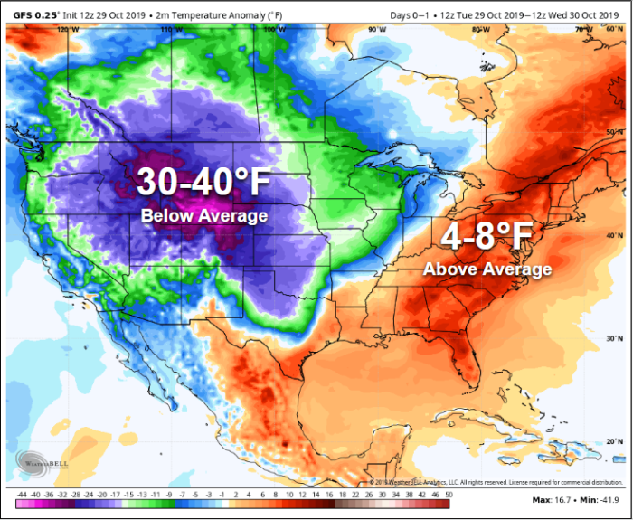 Figure 4. Tuesday October 29, 2019’s 12z GFS 2m Temperature Anomaly map for the CONUS. – WeatherBELL.