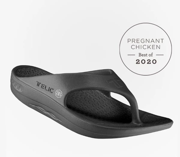 close up of black Belly Bandit Therapeutic Flip Flops with Best Pregnancy & Baby Products for 2020 badge