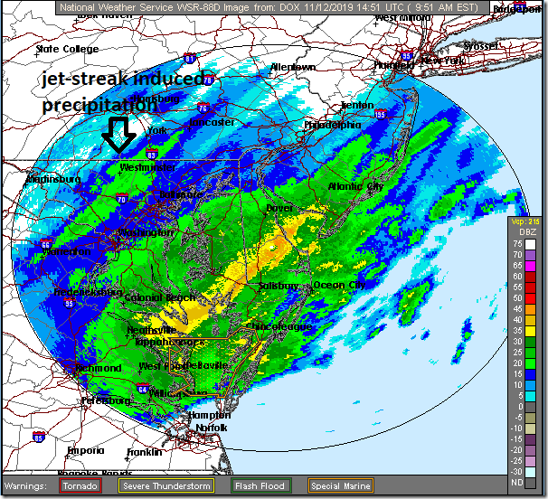 There is some post-frontal “jet-streak induced” precipitation (arrow) and this raises the chances for a changeover to snow from the immediate I-95 corridor all the way to the coastline; map courtesy NOAA