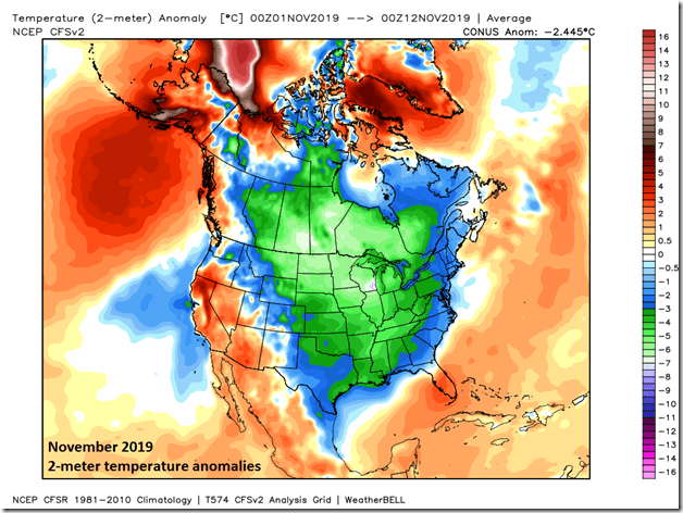 This is one of the coldest starts to the month of November across the nation since the middle 1990’s. Map courtesy Weather Bell Analytics, NOAA