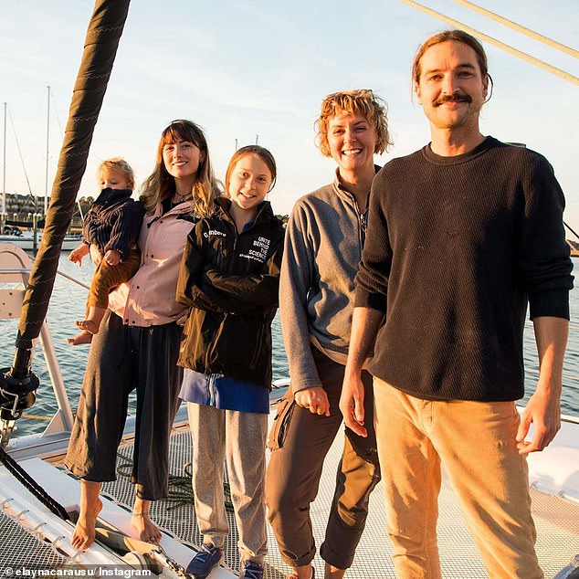 The vessel is carrying Miss Thunberg (centre) and her father Svante 3,000 miles to Portugal where she will go onto attend the COP 25 climate change talks in Madrid. The journey was meant to save approximately two or three tons of carbon dioxide emissions. Miss Thunberg with Australian couple Riley Whitelum (right) and Elayna Carausu (left), and English skipper Nikki Henderson (second right) on board La Vagabonde