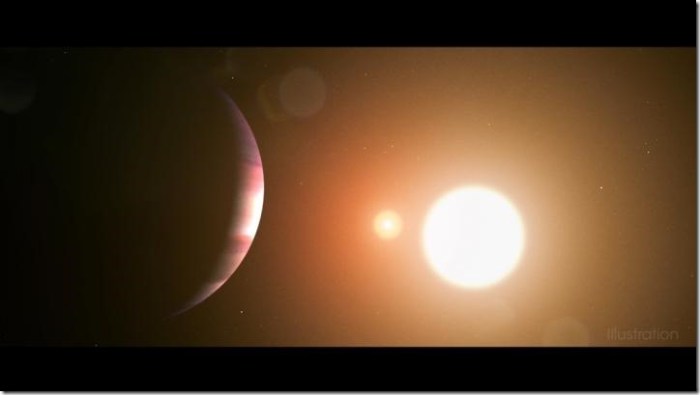 220868_web TOI 1338 b is silhouetted by its host stars. TESS only detects transits from the larger star. Credit: NASA's Goddard Space Flight Center/Chris Smith
