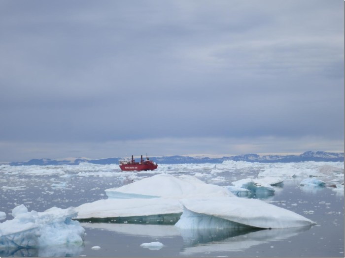 A new study shows that half of all Arctic warming and corresponding sea-loss during the late 20th century was caused by ozone-depleting substances. Here, icebergs discharged from Greenland's Jakobshavn Glacier. Credit: Kevin Krajick/Earth Institute