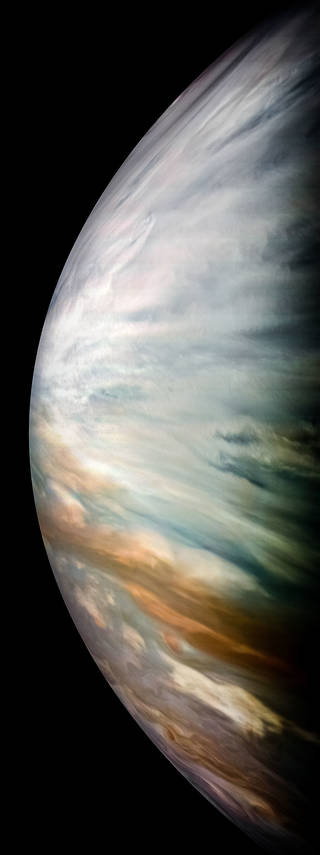 Thick white clouds are present in this JunoCam image of Jupiter's equatorial zone. At microwave frequencies, these clouds are transparent, allowing Juno's Microwave Radiometer to measure water deep into Jupiter's atmosphere. The image was acquired during Juno's flyby on Dec. 16, 2017. Credits: NASA/JPL-Caltech/SwRI/MSSS/Kevin M. Gill