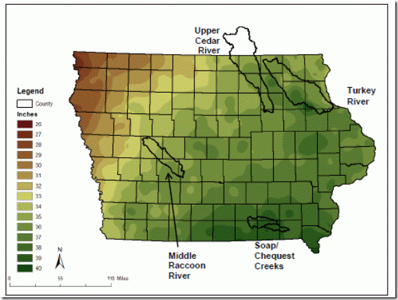 Average annual precipitation in Iowa 1981-2010. Note the 50% gradient northwest to southeast across the state. Figure from reference [3].