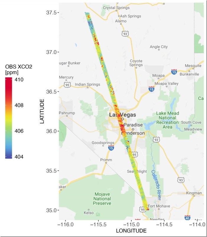 CO2 measurements from OCO-2 in parts per million over Las Vegas on Feb. 8, 2018.  Credit: Dien Wu/University of Utah