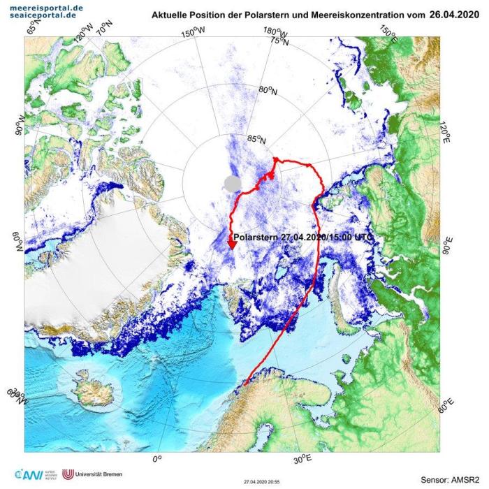 Polarstern 2020 location as of April 27 to the North of Svalbard_Graphic_courtesy of AWI