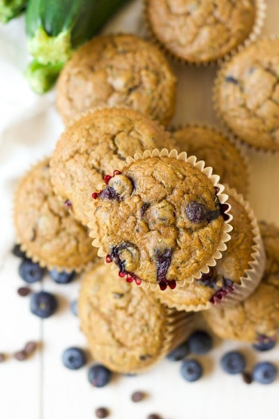 Muffins with fresh blueberries and zucchini.