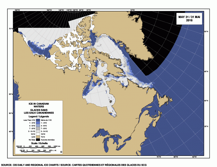 Sea ice extent Canada 2016 May 31 CIS