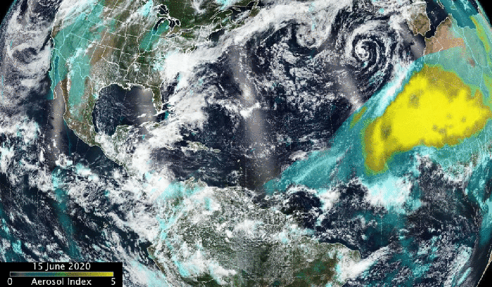 Animation showing dust cloud combining OMPS aerosol index and VIIRS visible imagery from Suomi NPP.