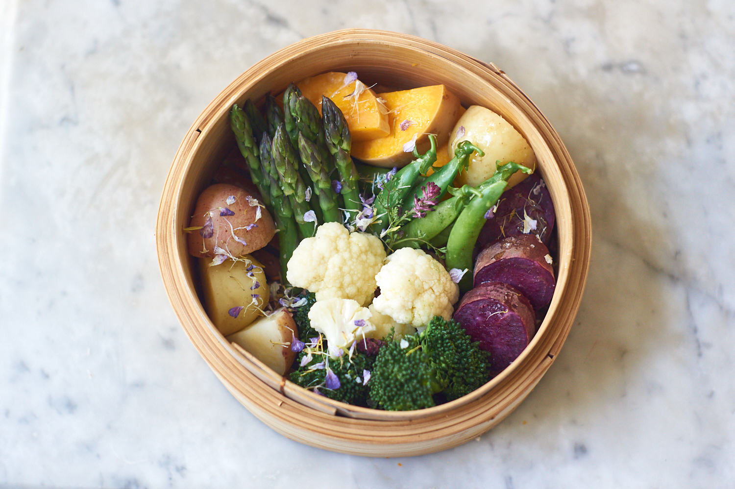 Colorful Vegetables in a Bamboo Steamer Basket